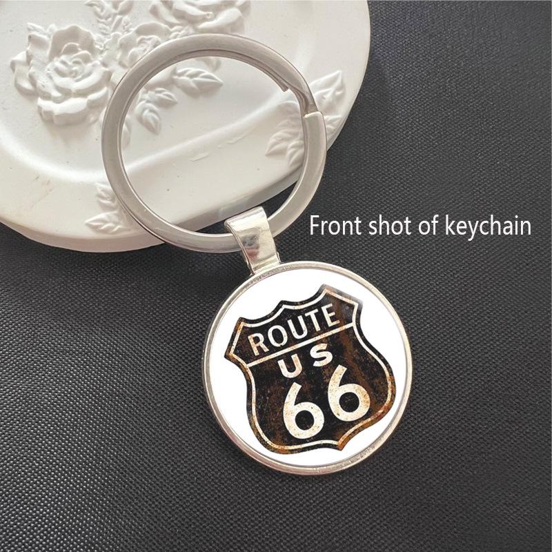 Route 66 American Flag Motorcycle Necklace: Unisex Glass Pendant Jewelry