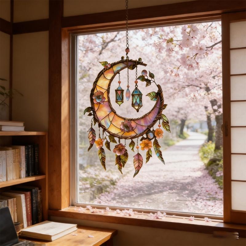 Stained Glass Window Hanging,Crescents Moon Suncatchers with Florals for Door Home Decors Moon Suncatchers Birthday Gift