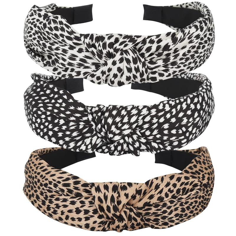

3 шт./Набор Шикарная атласная повязка на голову с леопардовым принтом и узлом для женщин и девочек, повседневный аксессуар для волос для шопинга