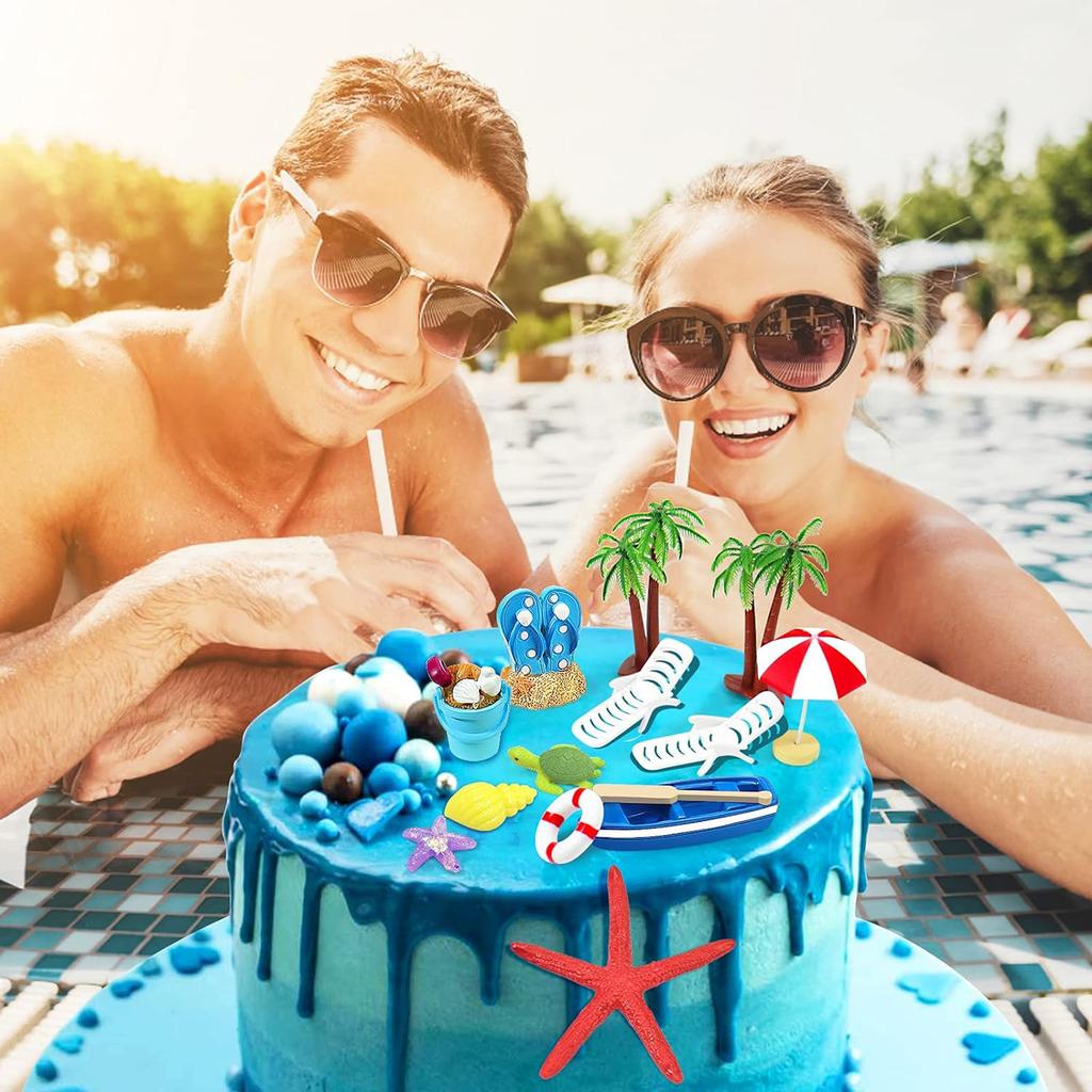 Decorazione per Torta Ombrellone Sedia da Spiaggia, 15 Pezzi Topper per Torta Estivi Oceano, Decorazioni per Festa a Tema Tropicale Hawaiano Aloha Luau