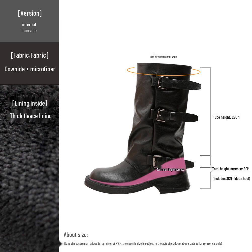 8cm Hidden Heel Women's Mid-Calf Boots - 2025 Autumn/Winter Collection, Thick Sole with Buckle & Wrinkled Design.