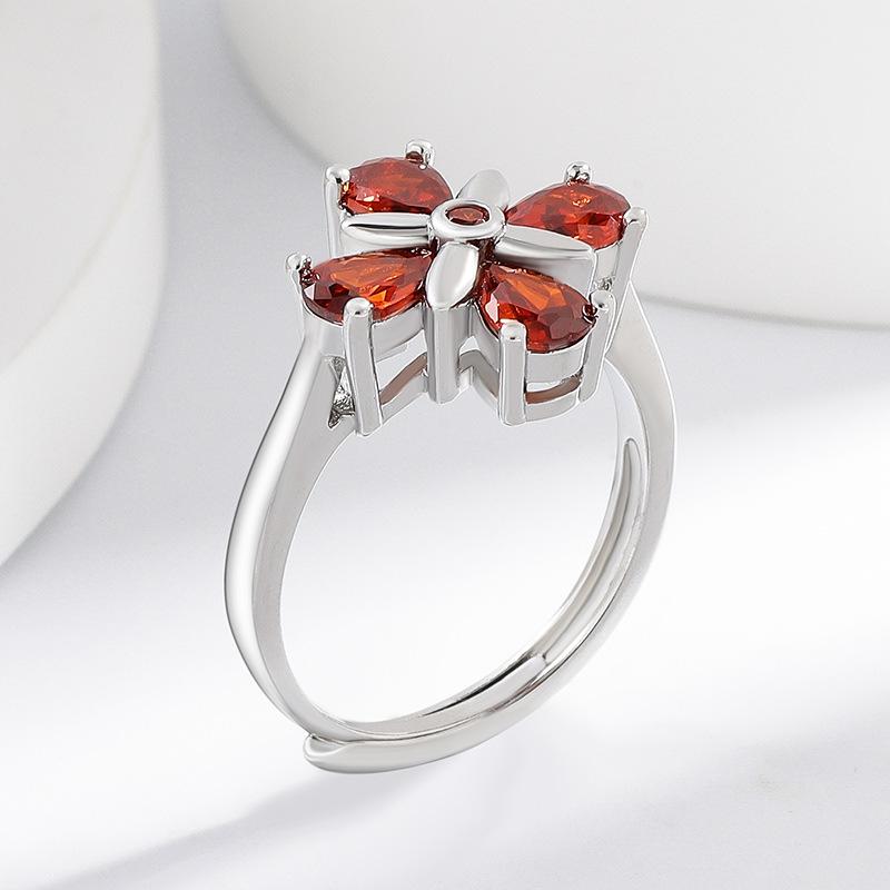 925 Sterling Silver Delicate Four Leaf Clover Cubic Zircon Ring Adjustable Open Statement Ring for Women Korean Style Daily Jewelry