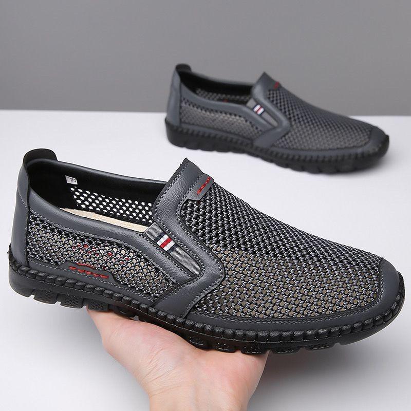 Summer new mesh shoes breathable men's soft leather shoes Doudou casual shoes one-pedal shoes