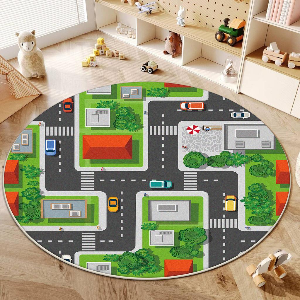 Children Round Carpet Living Room Cute Home Decoration Washable Road Play Rug Bedroom Bedside Antiskid Baby Crawling Mat Floor