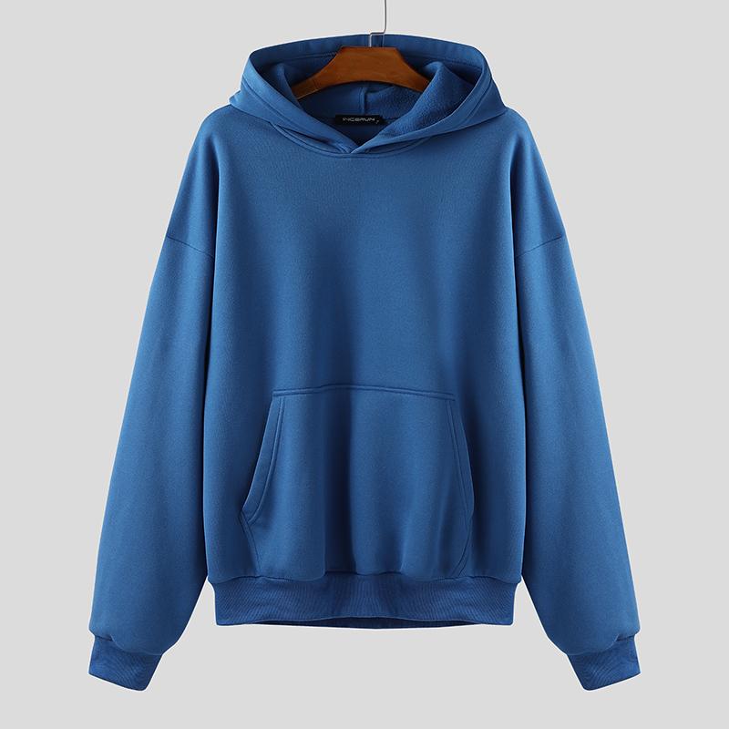 

INCERUN Мужские худи оверсайз с длинным рукавом, однотонные, с капюшоном, осенние пуловеры, толстовки 4XL синий