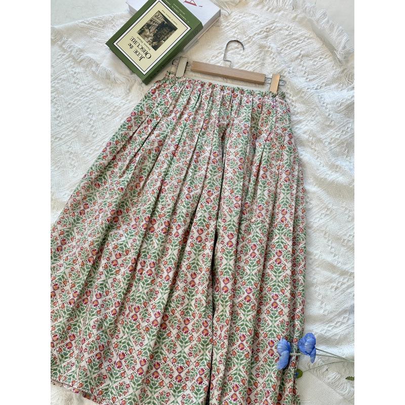 2025 Korean Floral Midi A-line Skirt: Elegant High-Waist Slimming Umbrella Design L