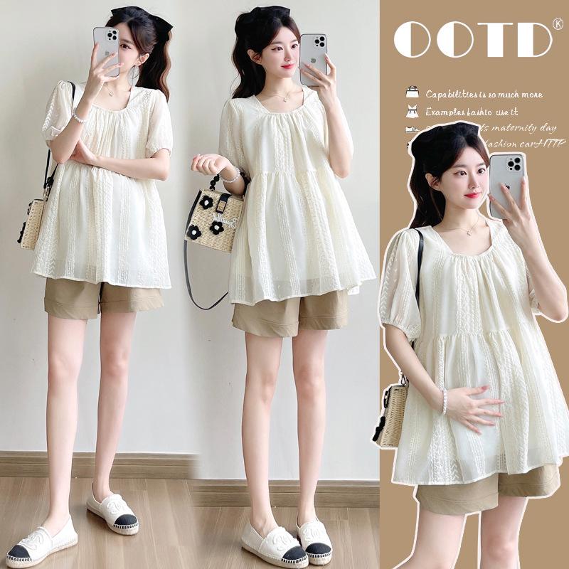 2026 Summer Fashion Maternity Two-Piece Set: Sweet Square Neck Loose Top + Age-Reducing Maternity Shorts 2XL