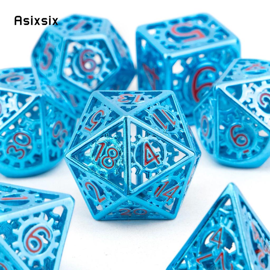 7 Pcs Red Blue Gear Wheel Metal Dice Hollow Metal Polyhedral Dice Set Suitable for Role-Playing RPG  Board Game Card Game