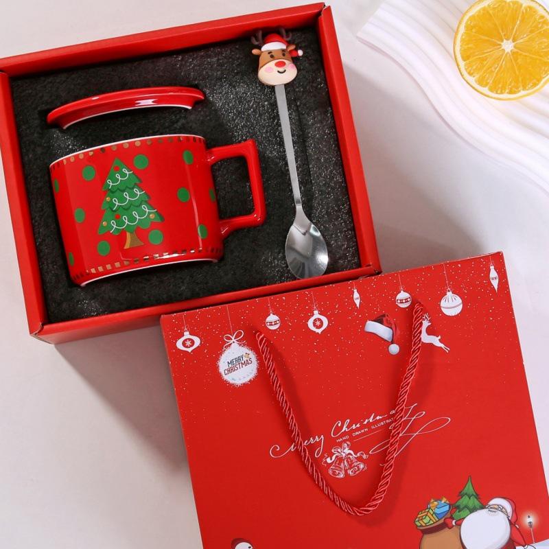 Cute Elk Christmas Ceramic Mug Set with Lid & Spoon - Perfect Holiday Gift