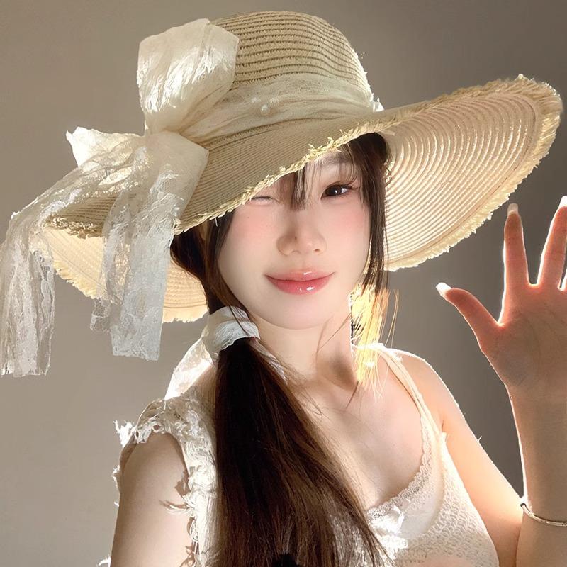 Lace Bow Straw Hat Women's Summer French Large Brim Sunscreen Hat Seaside Beach Vacation Sun Hat