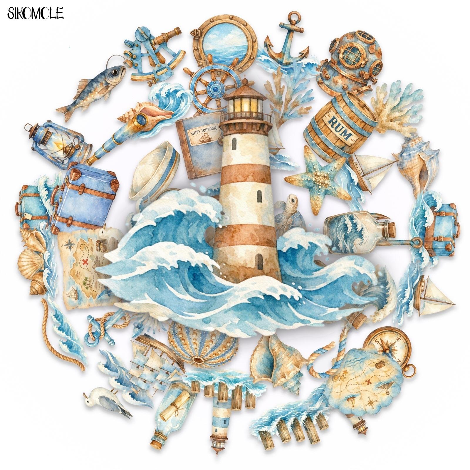 50 STKS Cartoon Vintage Nautische Stickers Vuurtoren Anker Schelp Oceaan Patroon Transparante PET Decals DIY Ambachtelijk Dagboek Decor beige
