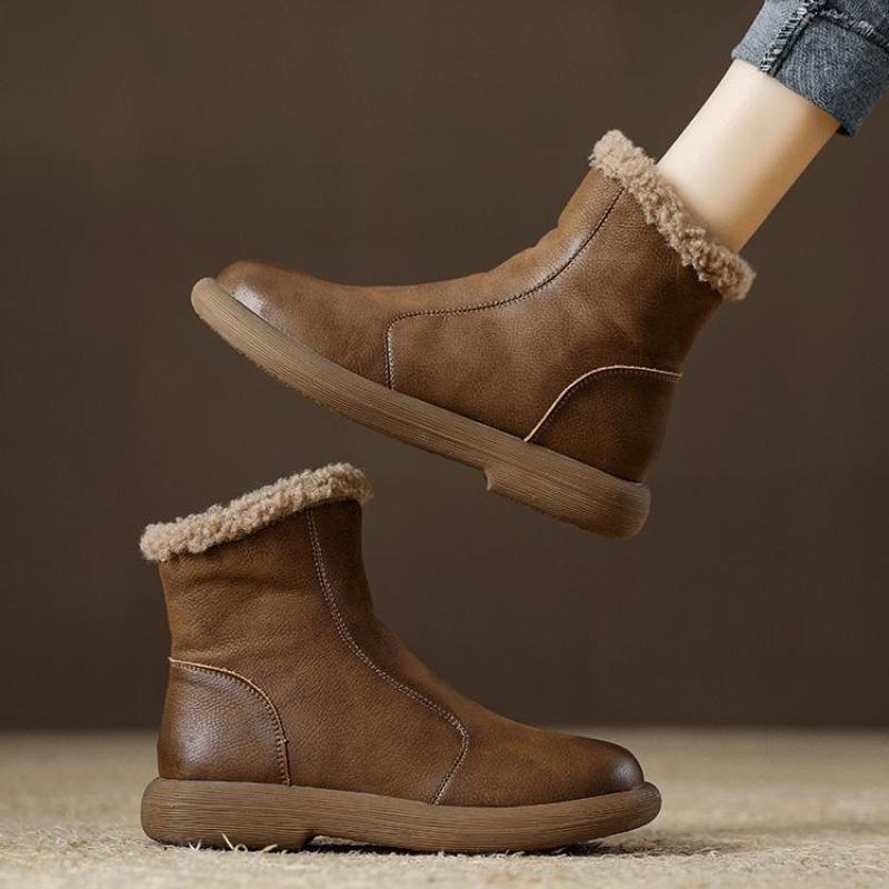 Fashion Leather Waterproof Plush Round Toe Snow Boots for Women Trend 2025 Designer Luxury Woman Shoes Winter Novelty Non Slip Booties