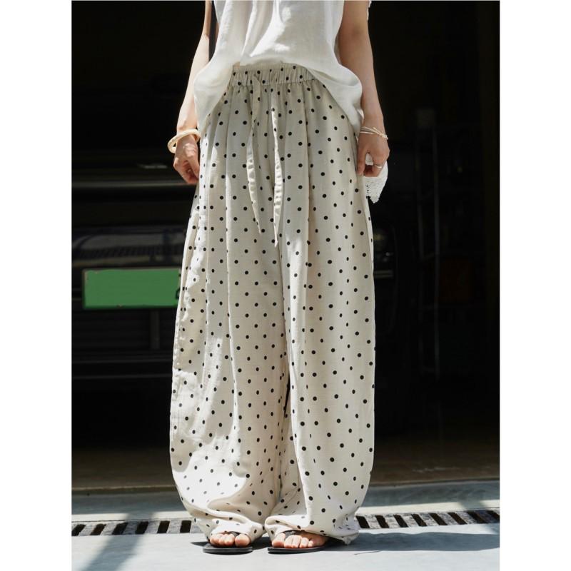 Johnature Summer Japanese Retro Polka Dot Wide-leg Casual Women Pants Casual Comfortable Loose High-waisted Trousers