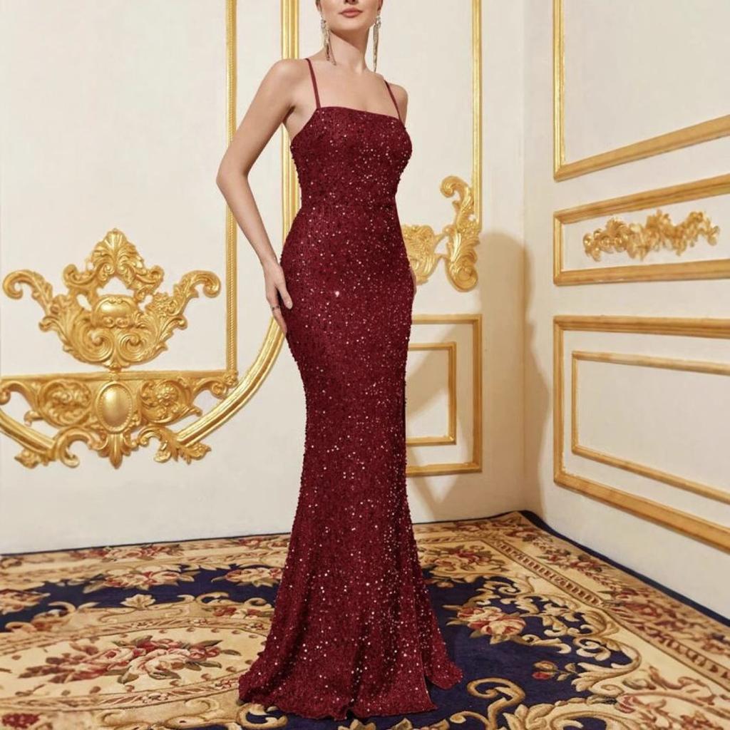 Summer New European and American Women's Clothing High-waisted Sexy Fashion Dress Suspender Sequined Split Dress