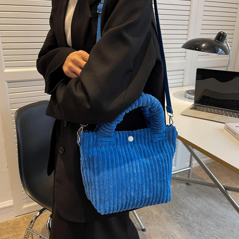 Tote Bag Stor Kapacitet Justerbar Skulderrem Bærbar Håndtag Knaplukning Ensfarvet Opbevarings Corduroy Kvinder Alsidig Spand Håndtaske Crossbody