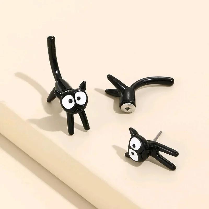 New Creative Funny Black Big Eyes Cat Stud Earrings for Women Girls Personality Disassembly Splicing Charm Design Trendy Jewelry