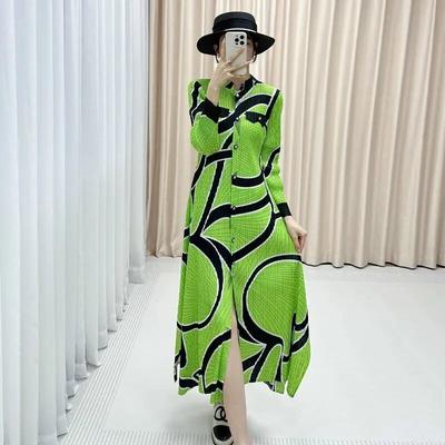 Autumn New Print Pleated High-end Temperament Long Sleeved Mid Length Dress for Dresses