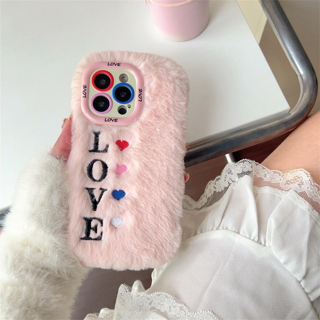 KJS-002 For iPhone 15 Pro Max Case Lens Kickstand Embroidered LOVE Fluffy TPU Phone Cover