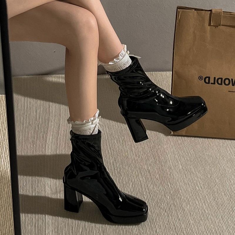 2024 Designer Winter Shoes Super High Heels Ankle Women Square Toe Chelsea Boots Fashion New Trend Walking Goth Zapatos Femme