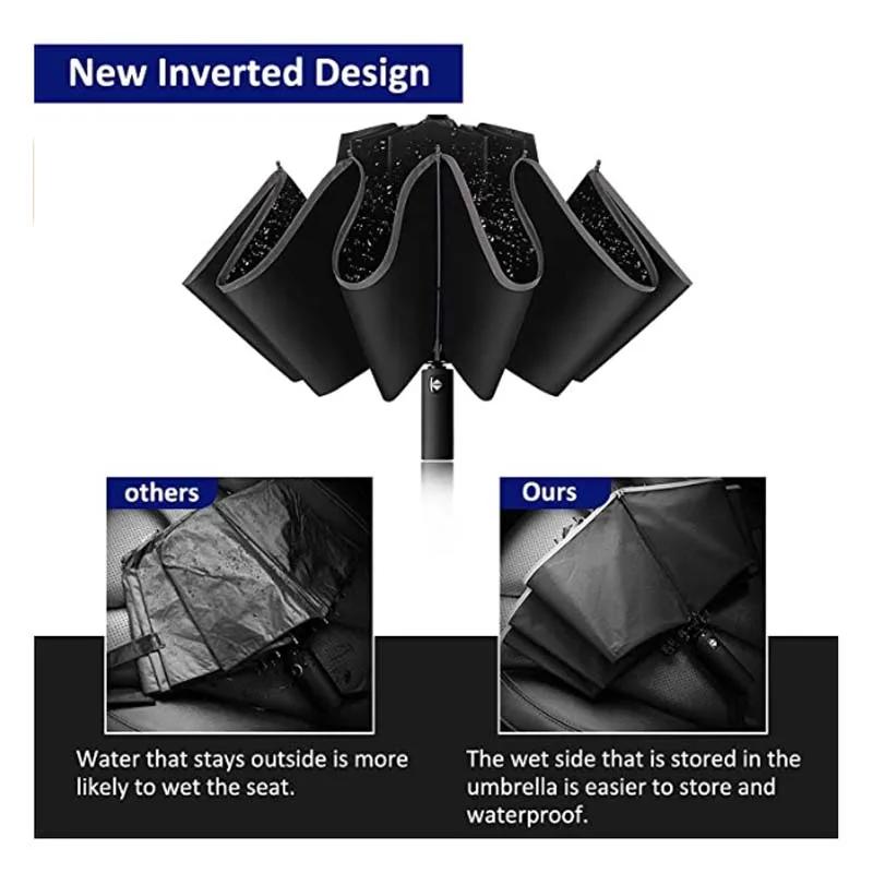 Automatic Reverse Folding Umbrella with Reflective Stripe Windproof UV Protection Large Travel Parasol