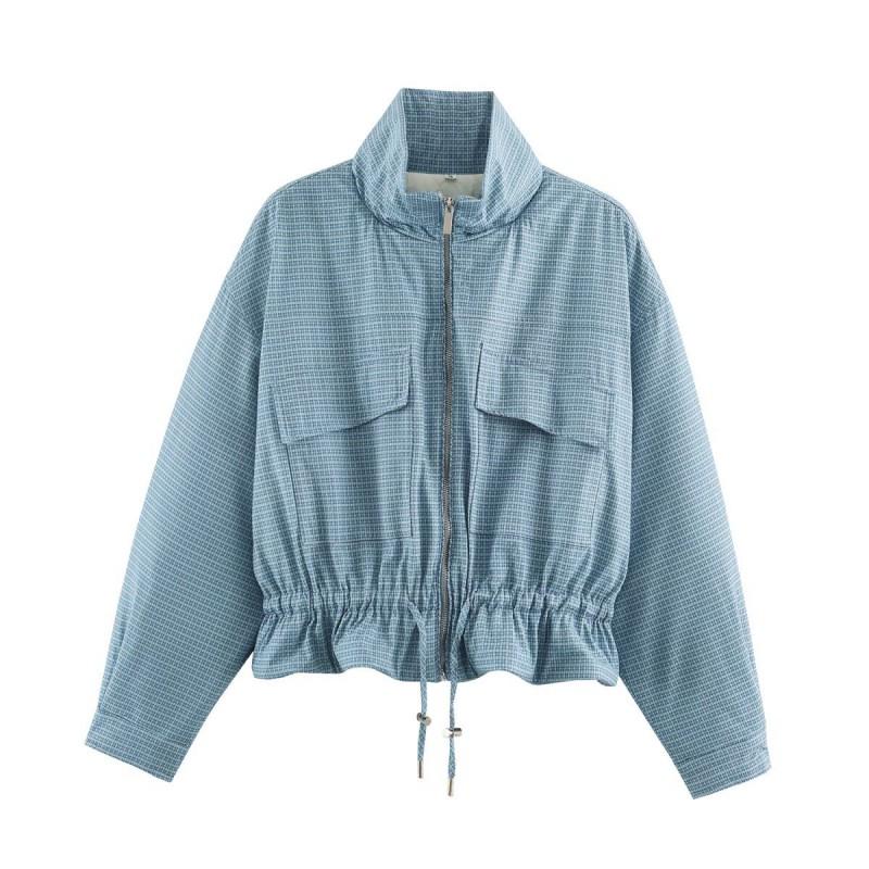 2026 Womens Plaid Stand Collar Cotton Jacket Casual Zip Up Outerwear