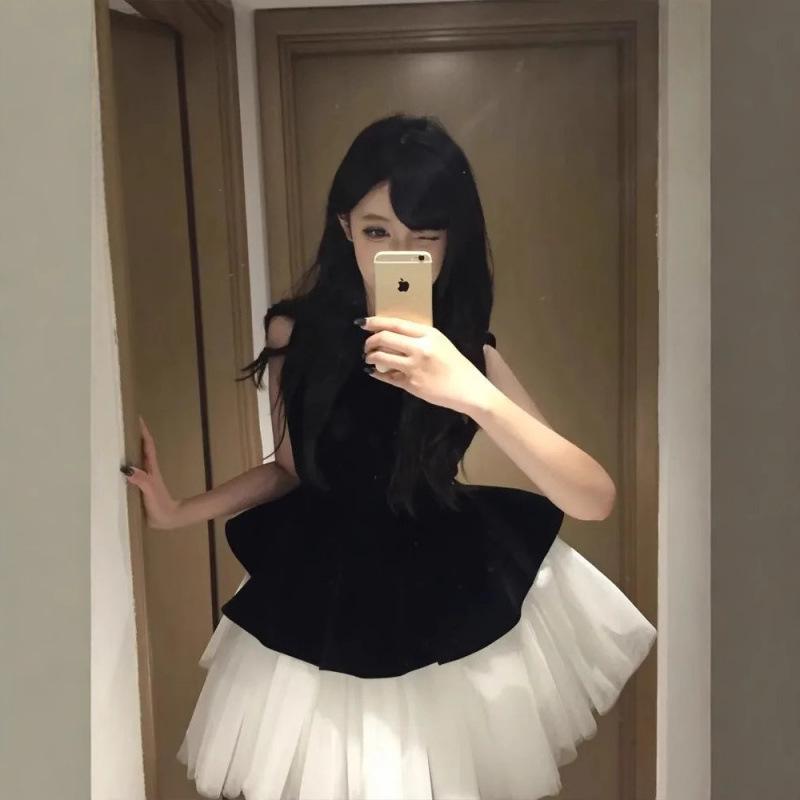 

Rich Daughter Velvet & Mesh Princess Dress - Sleeveless, Fluffy, Spring/Autumn 2026 M чёрный