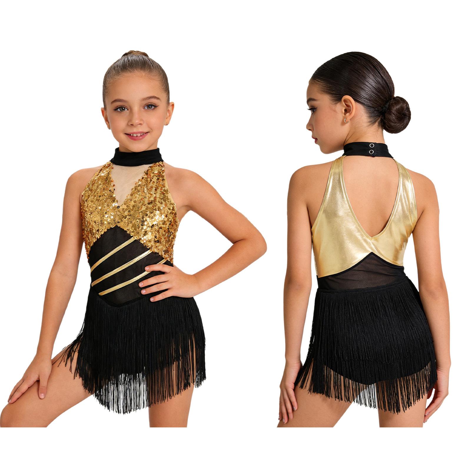 

Костюм для латиноамериканских танцев для девочек: Боди без рукавов с лямкой на шее, пайетками, сетчатой талией, вырезом на спине, металлической отделкой и бахромой для сальсы, ча-ча 5-6 Years золотой