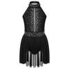 Girls Sleeveless Leotard Dress with Mock Neck Sparkle Rhinestones Dance Competition Wear