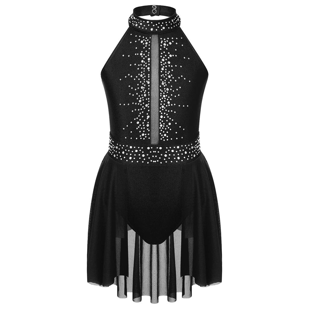 Girls Sleeveless Leotard Dress with Mock Neck Sparkle Rhinestones Dance Competition Wear