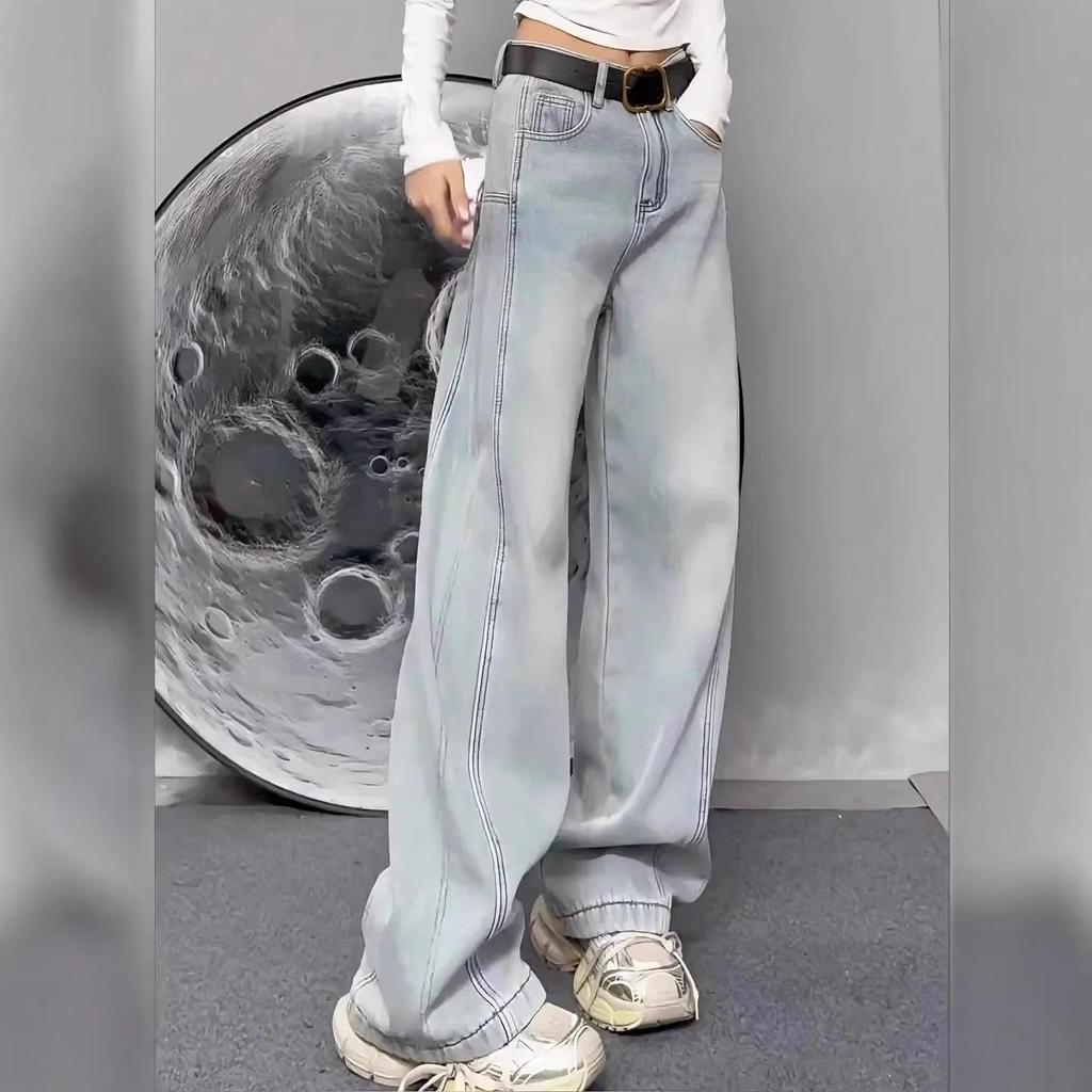 2025 Winter Light Color Women's Loose Wide-Leg Jeans - Casual Slimming Straight Floor-Length Pants