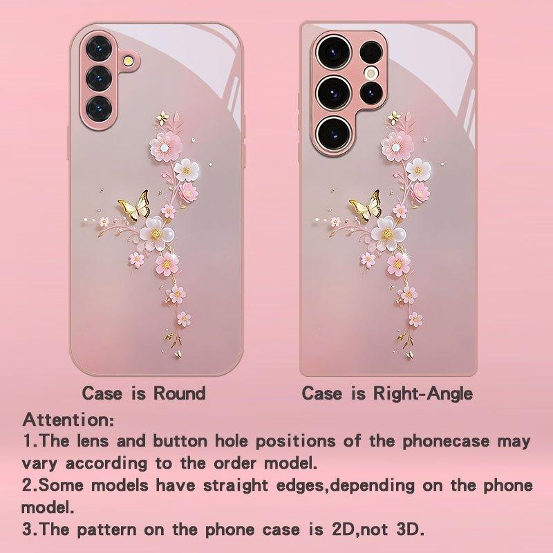 Pink flower butterfly pattern glass phone case suitable for Samsung Galaxy S26 S25 S24 S22 S21 S20 FE Ultra Plus anti scratch