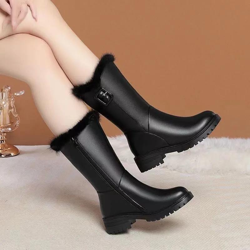 Winter Fleece-lined Non-slip Women's Mid-calf Boots Cotton Shoes Flat Bottom Warm Thickened Winter Shoes Leather Boots