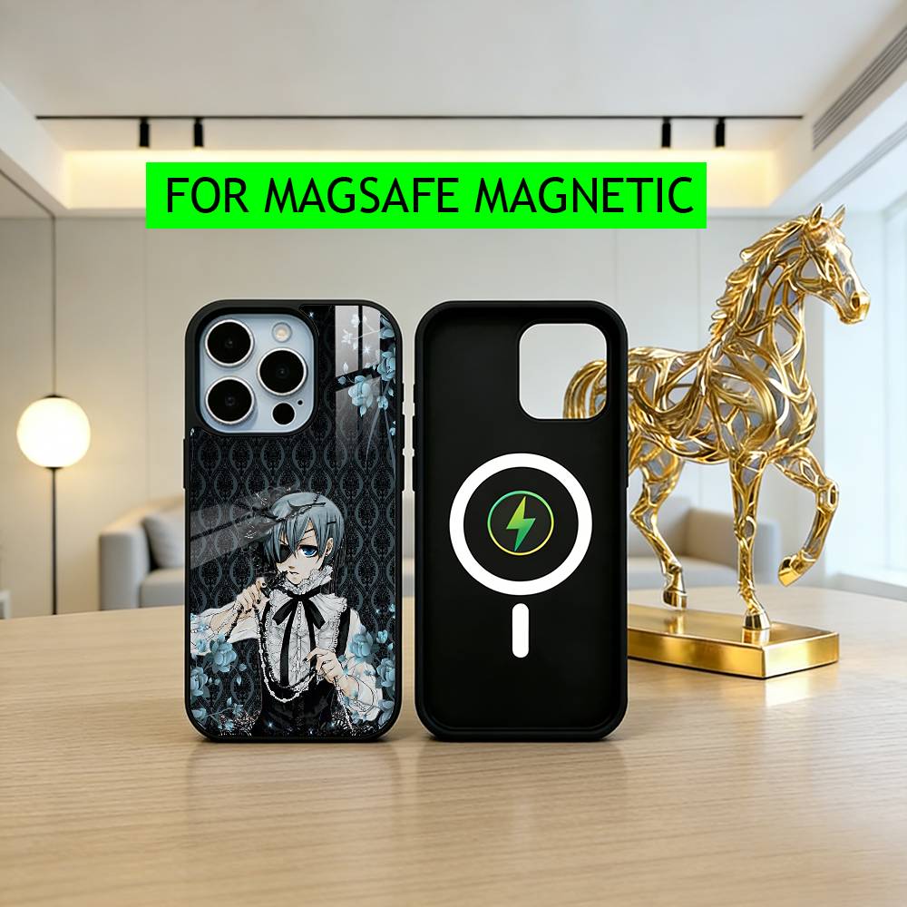 Black C-Ciel P-Phantomhive Butler Phone Case For iPhone17,16,15,14,13,12,11 Plus,Pro Magnetic with Magsafe Wireless Charging