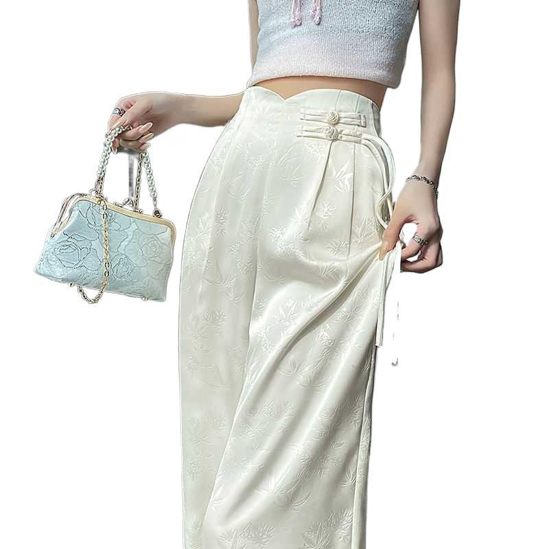 2026 Spring/Summer Chinese Style Satin Wide-Leg Frog Button Pants - Women's Slimming Straight-Leg, Floor-Length Business Trousers
