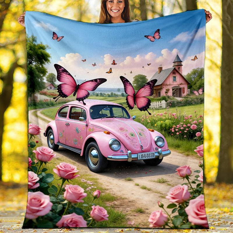 Tractor Dogs Cats Farm Scene Fleece Printed Flannel Blanket, Warm Soft Throw Sofa Bed Blanket 80cm x 120cm