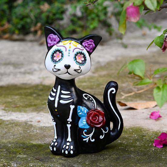 Halloween Ornament Skeleton Cat Dog Shape Resin Statue Indoor Outdoor Cat Sculpture Haunted House Desktop Decor
