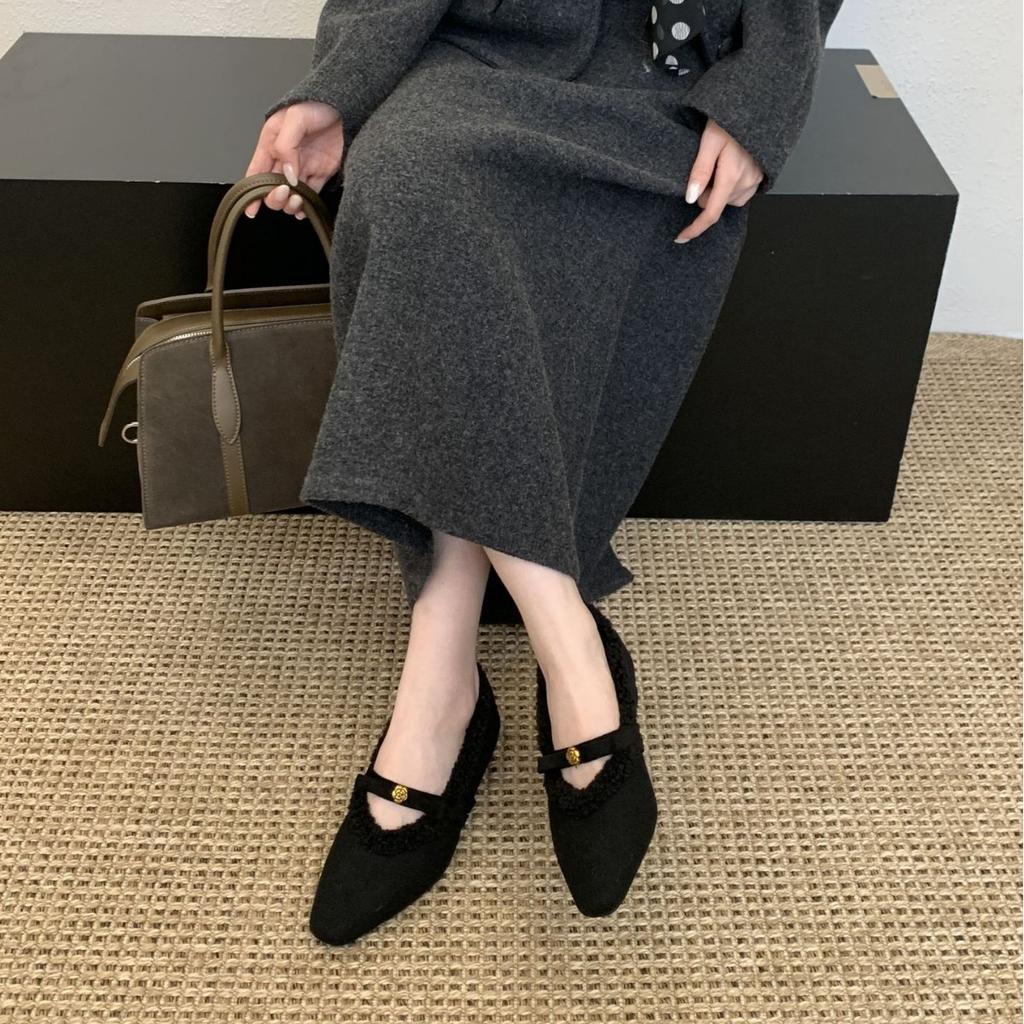 New winter fashion small pointed bow short thick heel velvet warm princess women's single shoes