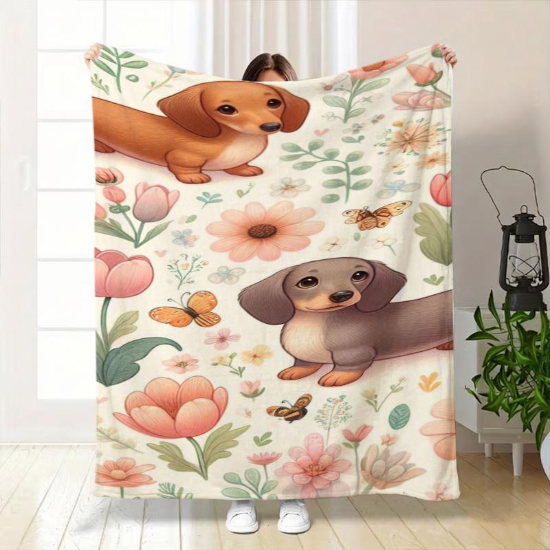 Floral Dachshund Illustration Fleece Blanket For Elegant Bedroom Decor Lightweight Plush Throw Blanket Cover