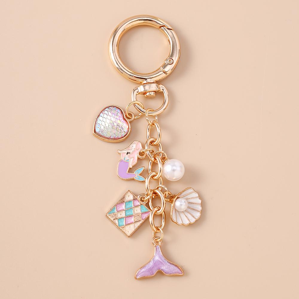 Summer Beach Mermaid Shell Starfish Keychain Women Girls Pearl Love Heart Key Ring Pendants for Handbag Decor DIY Jewelry Gifts