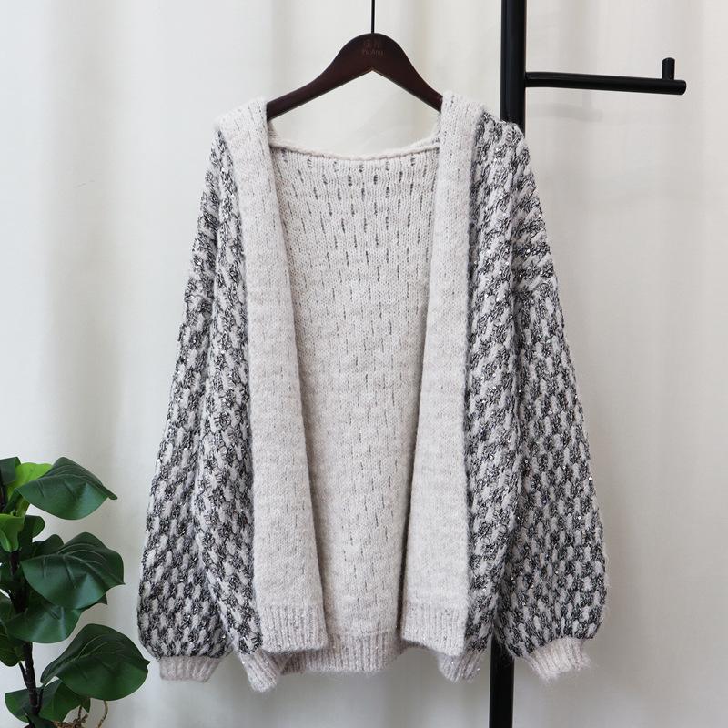 

Вязаный кардиган с капюшоном и пайетками, новый осенне-зимний, свободного кроя, в стиле ленивого ветра, утолщенная куртка-свитер, женская одежда one size fits all