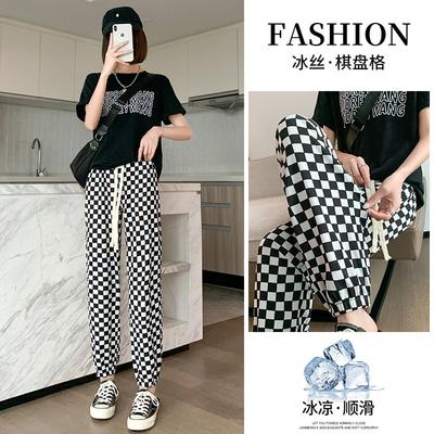 Karierte Hose Eisseide Leggings Damen Sommer Dünn Hohe Taille Schwarz-Weiß Kariert Dünn Vielseitig Lässig Locker Jogginghose