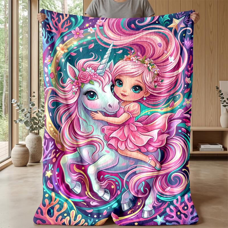 Fantasy Unicorn Stickers Theme Blanket Lightweight Warm Flannel Blanket Decorative Throw Blanket for Home Decoration