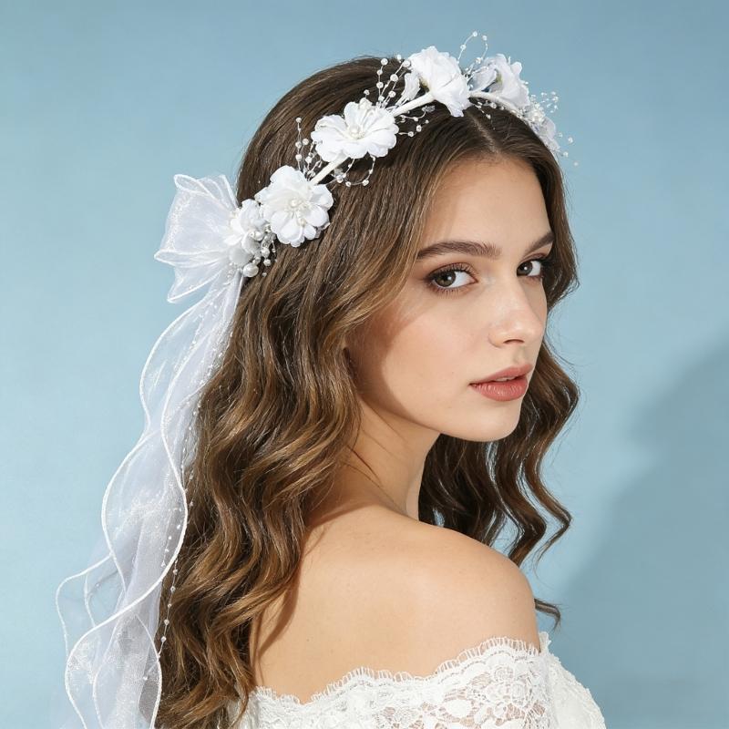 Handmade Vine Bridal Wreath Veil Headwear Features 3D Floral Accent Lightweight Comfort for Extended Wedding Wear