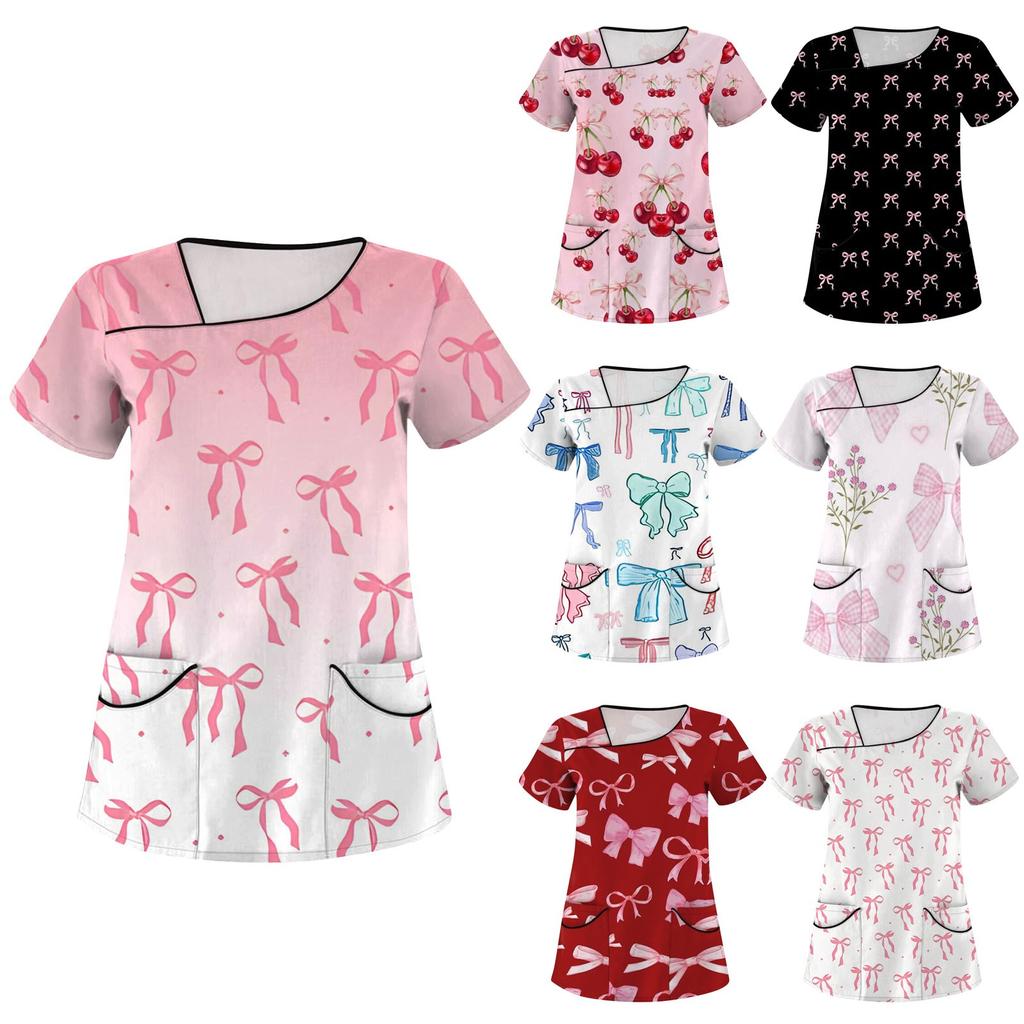 Women's Fashion Bow Printed Short Sleeve Care Workwear With Double Pockets Top
