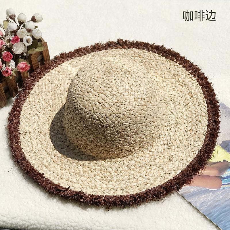 Natural Lafite Straw Hat Sunscreen Large Brim Beach Hat Trendy Foreign Style Color Fur Edge Dome UV Protection Sun Visor