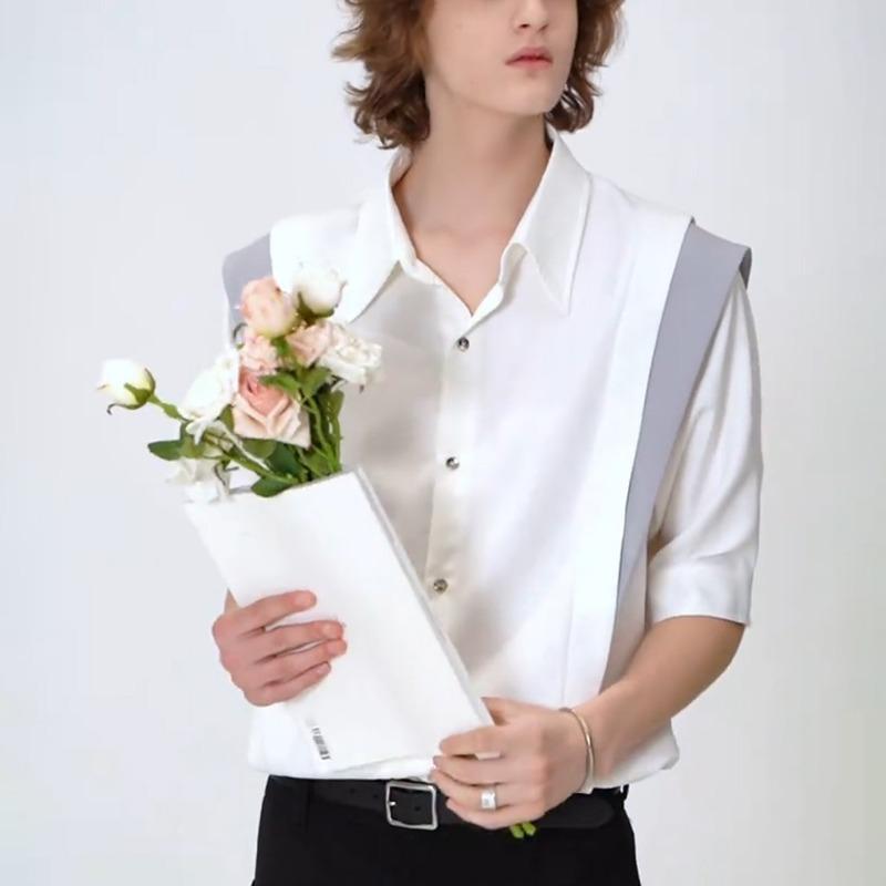 

Мужская рубашка с контрастными вставками, коротким рукавом, на пуговицах, повседневная, атласная, уличный стиль, топ S белый