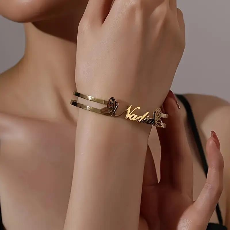 Personalized Custom Two Butterfly With Name Open Cuff Bracelet Women Summer Waterproof Gold Color Stainless Steel Hand Jewelry