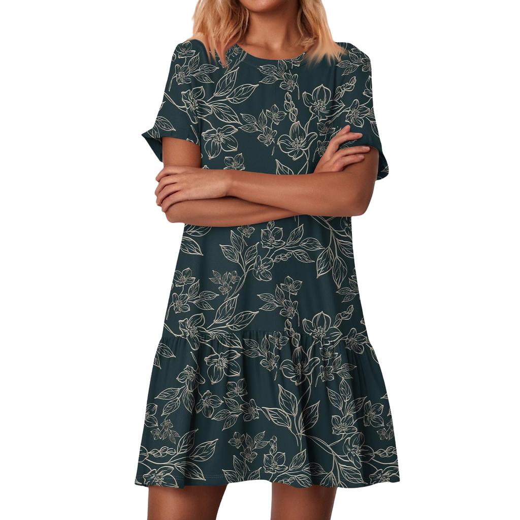 Women's Fashion Casual Round Neck Short Sleeve Ruffled Vintage Printed Dresses