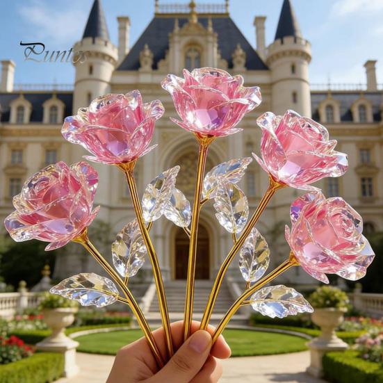 Exquisite Translucent Flower Colorful Rainbow Artificial Rose Flower, Faux Crystal Forever Preserved Transparent Pink Petals Eternal Gifts for Grandma