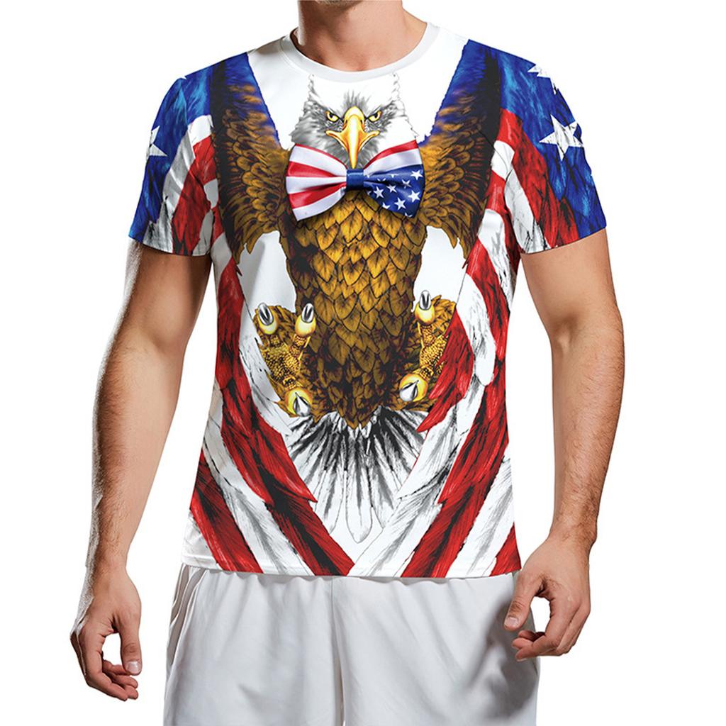 Summer Round Neck 3D American Flag and Eagle Graphic Print Top Fashionable Casual Short Sleeved Men's T-shirts